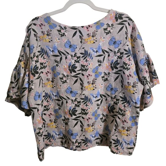 Viola Borghi Made In Italy 100% Linen Butterfly Floral Bell Sleeve Top Size L - Picture 3 of 8